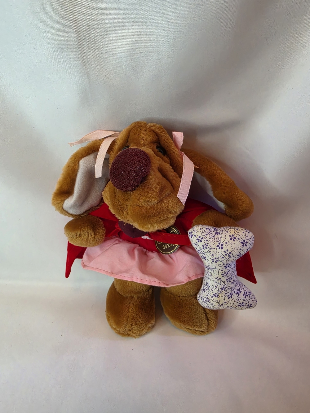 Vintage 1986 Wrinkles Ganz Girl Dog Superhero Puppet in a Red Cape & Dress.